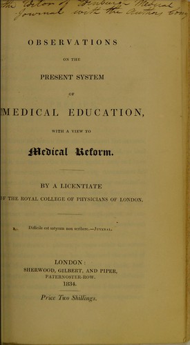 Cover for Observations on the present system of medical education,with a view to medical reform