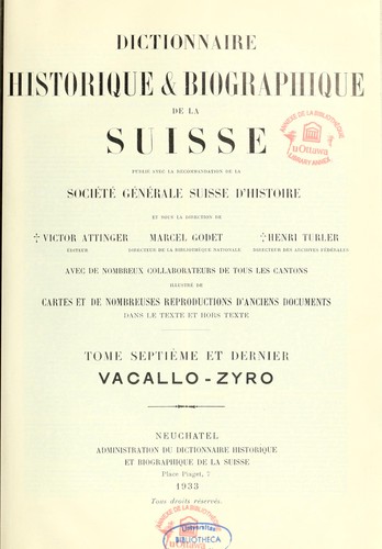 Cover for Dictionnaire historique & biographique de la Suisse