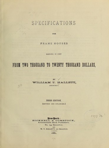 Cover for Specifications for frame houses, ranging in cost from two thousand to twenty thousand dollars