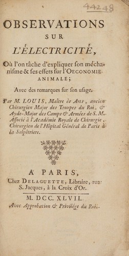 Cover for Observations sur l'électricité, où l'on tâche d'expliquer son méchanisme et ses effets sur l'œconomie animale