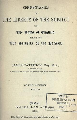 Cover for Commentaries on the liberty of the subject and the laws of England relating to the security of the person.