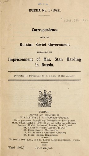Cover for Correspondence with the Russian Soviet government respecting the imprisonment of Mrs. Stan Harding in Russia ...