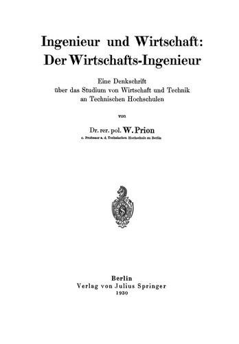 Cover for Ingenieur und Wirtschaft: Der Wirtschafts-Ingenieur
