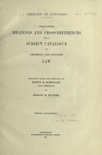 Cover for Tentative headings and cross-references for a subject catalogue of American and English law
