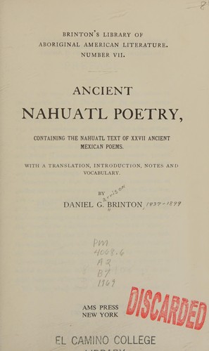 Cover for Ancient Nahuatl poetry, containing the Nahuatl text of XXVII ancient Mexican poems.