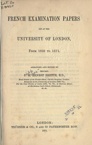 Cover for French examination papers set at the University of London, from 1839 to 1871.