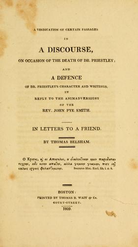 Cover for vindication of certain passages in a discourse, on occasion of the death of Dr. Priestley, etc.