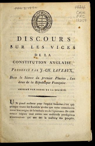 Cover for Discours sur les vices de la Constitution anglaise
