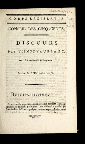 Cover for Discours par Vienot-Vaublanc, sur les re unions politiques