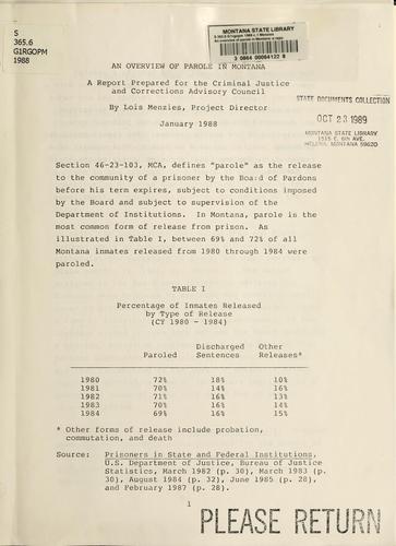 Cover for An overview of parole in Montana