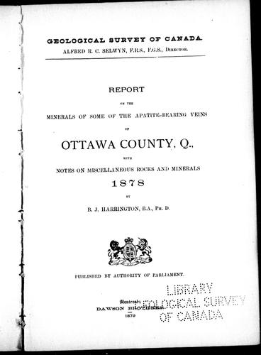 Cover for Report on the minerals of some of the apatite-bearing veins of Ottawa County, Q.