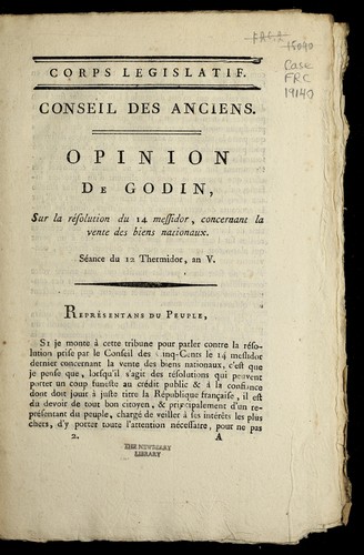 Cover for Opinion de Godin, sur la re solution du 14 messidor, concernant la vente des biens nationaux