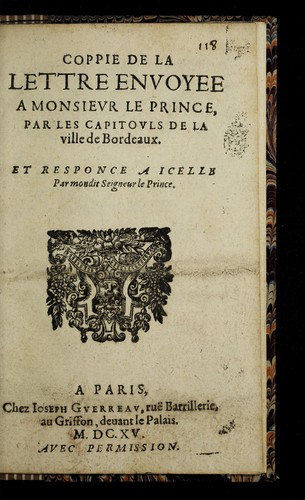 Cover for Coppie De La Lettre Envoyee A Monsievr Le Prince