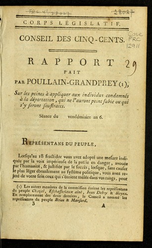 Cover for Rapport fait par Poullain-Grandprey sur les peines a   appliquer aux individus condamne s a   la de portation, qui ne l'auront point subie ou qui s'y seront soustraits