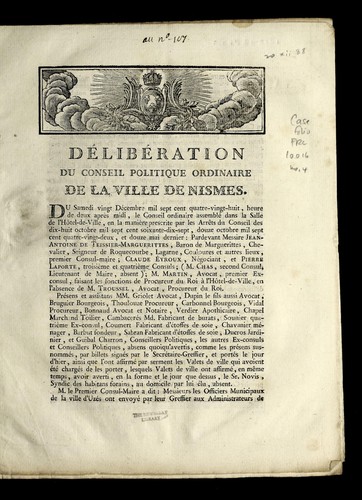 Cover for De liberation du conseil politique ordinaire de la ville de Nismes