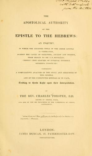 Cover for apostolical authority of the Epistle to the Hebrews