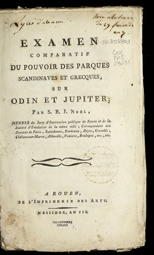 Cover for Examen comparatif du pouvoir des parques scandinaves et greques, sur Odin et Jupiter