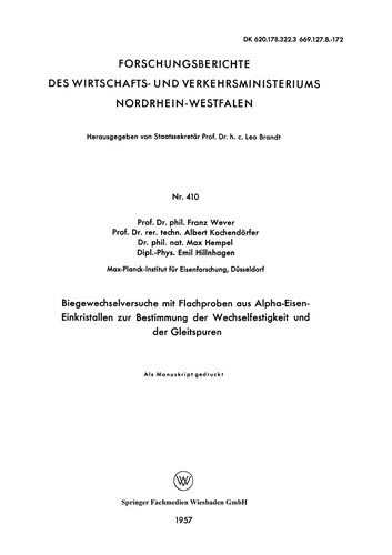 Cover for Biegewechselversuche mit Flachproben aus Alpha-Eisen-Einkristallen zur Bestimmung der Wechselfestigkeit und der Gleitspuren