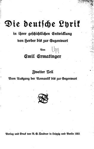 Cover for Die deutsche lyrik in ihrer geschichtlichen entwicklung