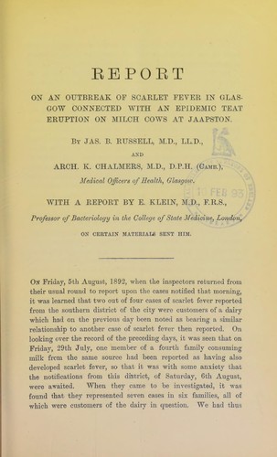 Cover for Report on an outbreak of scarlet fever in Glasgow connected with an epidemic teat eruption on milch cows at Jaapston
