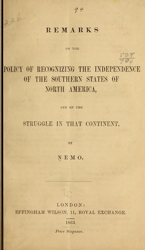 Cover for Remarks on the policy of recognizing the independence of the Southern States of North America