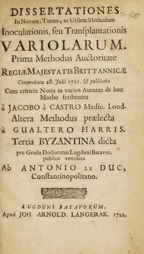 Cover for Dissertationes in novam, tutam, ac utilem methodum inoculationis, seu transplantationis variolarum