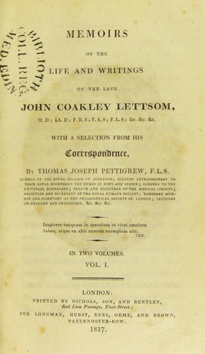 Cover for Memoirs of the life and writings of the late John Coakley Lettsom, M.D. ...