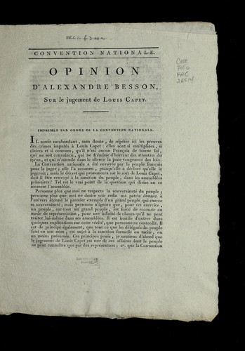 Cover for Opinion d'Alexandre Besson, sur le jugement de Louis Capet