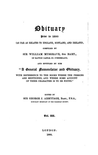 Cover for Obituary Prior to 1800: (as Far as Relates to England, Scotland, and Ireland)