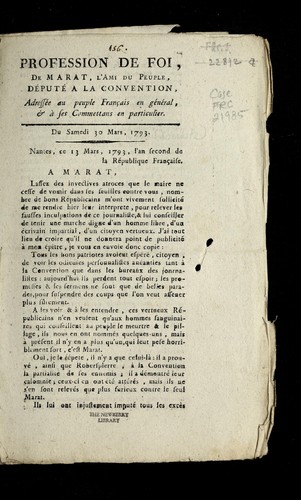 Cover for Profession de foi de Marat, l'ami du peuple, de pute  a la Convention