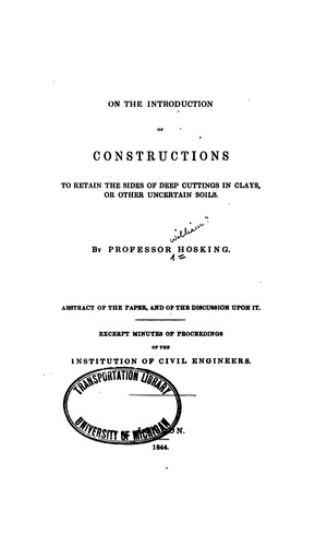 Cover for On the Introduction of Constructions to Retain the Sides of Deep Cuttings in Clays, Or Other ...