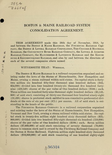 Cover for Agreement for the consolidation of Fitchburg railroad company, Boston & Lowell railroad corporation, Connecticut River railroad company, the Concord & Montreal railroad, Lowell & Andover railroad company, Manchester & Lawrence railroad, and Kennebunk & Kennebunkport railroad, with the Boston & Maine railroad
