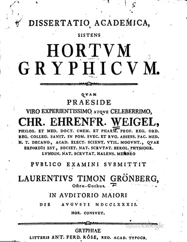 Cover for Dissertatio academica, sistens Hortum gryphicum