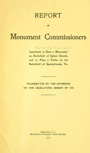 Cover for Report of monument commissioners appointed Commission to erect a monument on battlefield of Salem Church, and to place tablet on battlefield of Spottsylvania, Va.
