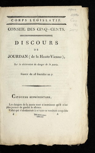 Cover for Discours de Jourdan (de la Haute-Vienne), sur la de claration du danger de la patrie