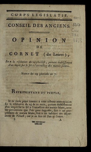 Cover for Opinion de Cornet (du Loiret), sur la re solution du 24 pluviose, portant e tablissement d'un impo t sur le sel a   l'extraction des marais salans