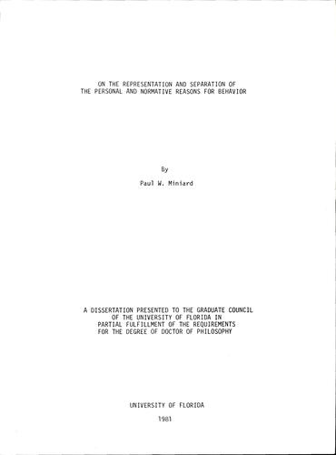Cover for On the representation and separation of the personal and normative reasons for behavior