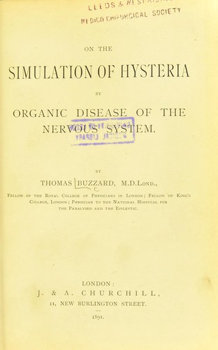 Cover for On the simulation of hysteria by organic disease of the nervous system