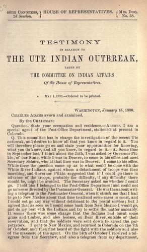 Cover for Testimony in relation to the Ute Indian outbreak