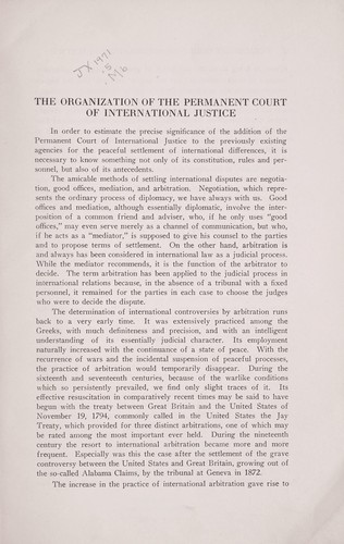 Cover for The organization of the Permanent court of international justice