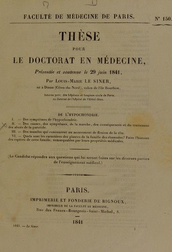 Cover for Th©·se pour le doctorat en m©♭decine