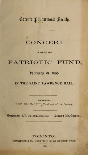 Cover for Concert in aid of the Patriotic Fund, February 27, 1855 in the Saint Lawrence Hall ...