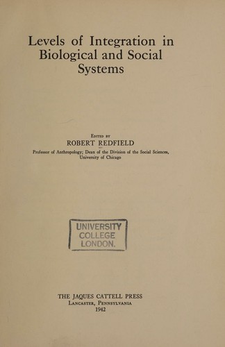 Cover for Levels of integration in biological and social systems