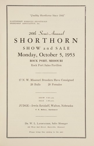 Cover for "Quality shorthorns since 1841," Northwest Missouri Shorthorn Breeders' Association, Inc., 20th semi-annual shorthorn show and sale