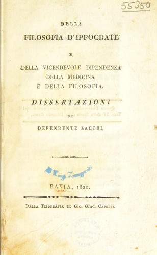 Cover for Della filosofia d'Ippocrate e Della vicendevole dipendenza della medicina e della filosofia
