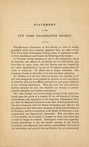 Cover for Statement of the New York colonization society, auxiliary to the American colonization society, at Washington, D.C., and other documents.