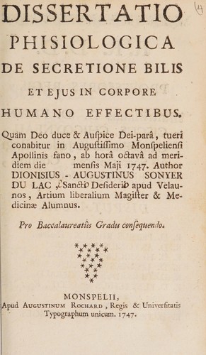 Cover for Dissertatio phisiologica de secretione bilis et ejus in corpore humano effectibus