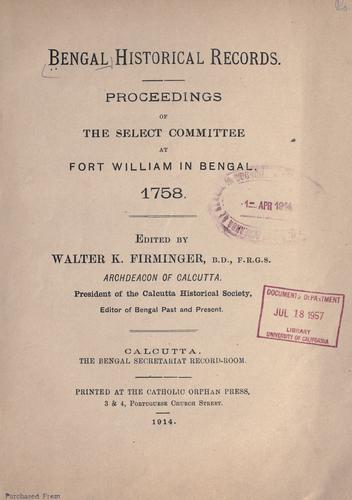Cover for Proceeding of the Select Committee at Fort William in Bengal. 1758.