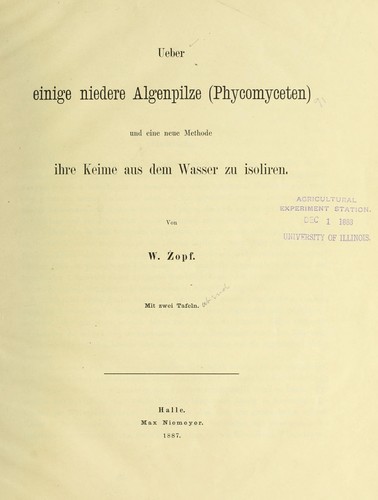 Cover for Ueber einige niedere algenpilze (Phycomyceten)