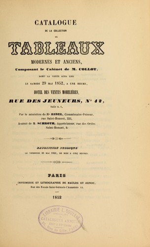 Cover for Catalogue de la collection de tableaux modernes et anciens, composant le cabinet de M. Collot
